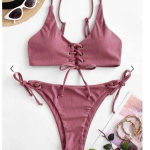 Ribbed Lace Front Side-Tie Bikini in Dusty Rose